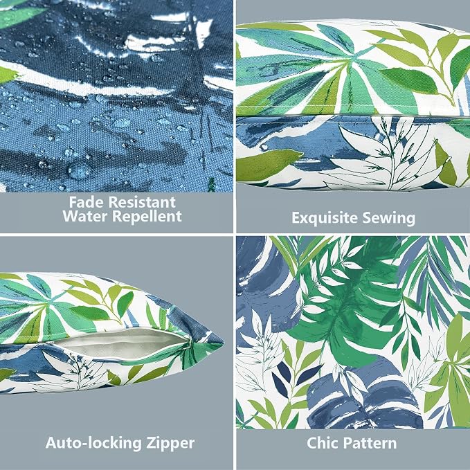 LVTXIII 2 Pack Outdoor Throw Pillow Covers for Patio Furniture, 16x16 Inch Square Pillow Case, Water-Repellent Cushion Covers for Garden, Porch, Sofa, Islamorada Blue Green