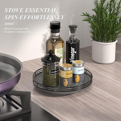 AMH10-Inch Natural Slate Lazy Susan with Black Raised Iron Rim | Smooth rotating oak tray with walnut finish for dining tables, kitchen counters, pantries and cabinet storage.