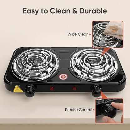 2200W Portable Electric Hot Plate for Cooking, Two Burner Electric Cooktop,Double Coil Electric Burner, Electric Stove with 2 Burner,Adjustable Temperature Control, (black)