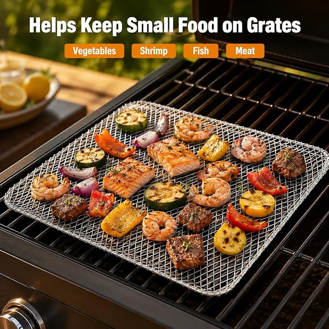 10 Pack Disposable Grill Toppers, Aluminum BBQ Mesh Mats for Outdoor Cooking, 15.3 x 12 Inch Grilling Liners to Help Reduce Food Drops Through Grates, for Vegetables, Fish, Meat and Camping