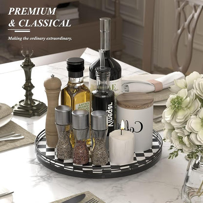 AMH 13-Inch Black and White Checkerboard Lazy Susan with Oak Wood Base | Smooth rotating oak tray with walnut finish for dining tables, kitchen counters, pantries and cabinet storage.