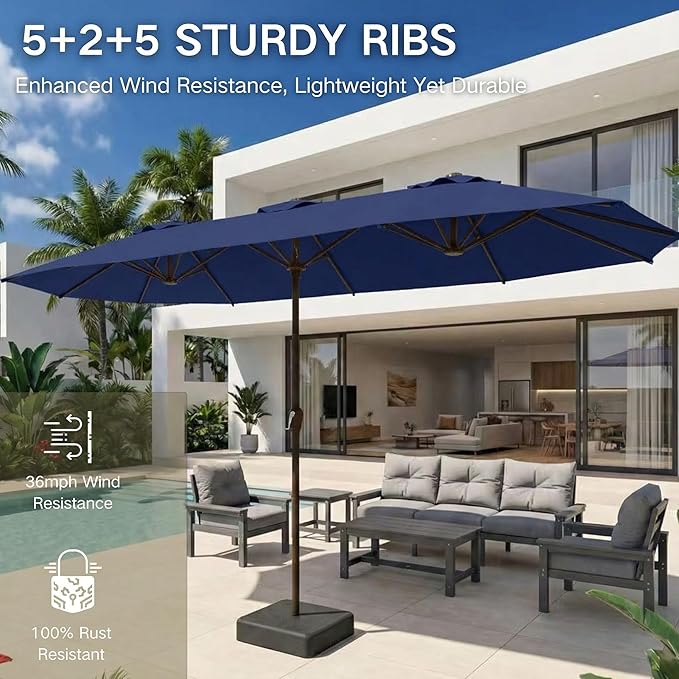 Kingdura 15ft Large Patio Umbrella with Base Included, Double-Sided Rectangle Outdoor Table Umbrella with 12 Reinforced Ribs, Crank Lift for Market Pool Deck Backyard, Navy blue