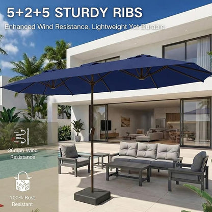 Kingdura 15ft Large Patio Umbrella with Base Included, Double-Sided Rectangle Outdoor Table Umbrella with 12 Reinforced Ribs, Crank Lift for Market Pool Deck Backyard, Navy blue
