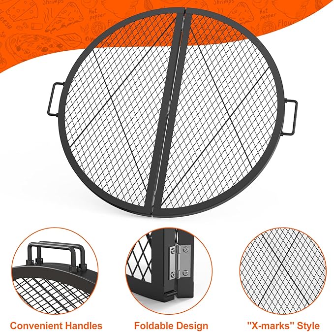 only fire X-Marks Fire Pit Cooking Grate, Foldable Round Grate for Outdoor Cooking, Portable Camping Cookware for Outside Party, Heavy Duty Steel Campfire BBQ Grill Grid with Handle, 36 inch