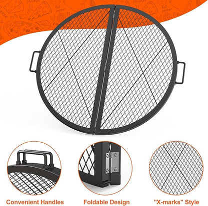 only fire X-Marks Fire Pit Cooking Grate, Foldable Round Grate for Outdoor Cooking, Heavy Duty Steel Campfire BBQ Grill Grid with Handle, Portable Camping Cookware, 30 inch