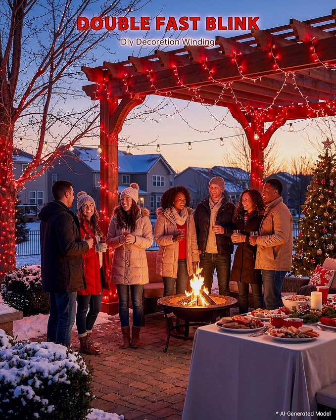 33FT 100 LED Red Christmas Valentine's Day Twinkle String Lights | Remote Control, 13 Modes with Memory, 4 Dimmable Brightness, 4 speed levels, Connectable, IP65 Waterproof, Transparent Wire
