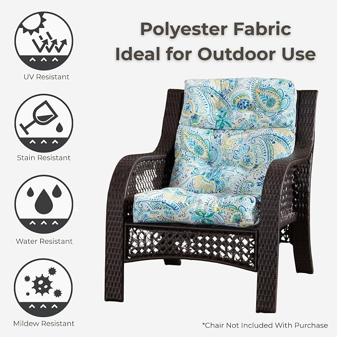 Outdoor Tufted High-Back Chair Cushions, One-Piece Hinged Seat and Back Design, Reversible with 4 Ties, Durable Polyester Fabric, Recycled Fiber Fill - Single, Baltic Paisley