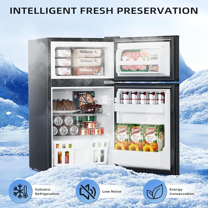 Kismile 3.2 Cu.Ft Mini Fridge with Freezer, 2 Door Dorm Refrigerator Black | Adjustable Thermostat, Removable Shelves, Food & Beverage Storage, Dorm Mini Fridge for Bedroom/ Office/ College/ Apartment