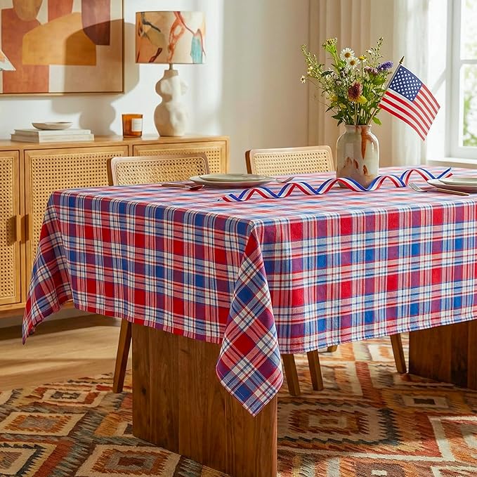 4th of July Red White and Blue Plaid Tablecloth – Waterproof Patriotic Independence Day Table Cover for BBQ, Picnic, Party, Farmhouse Kitchen & Outdoor Decor, W60 x L102 in