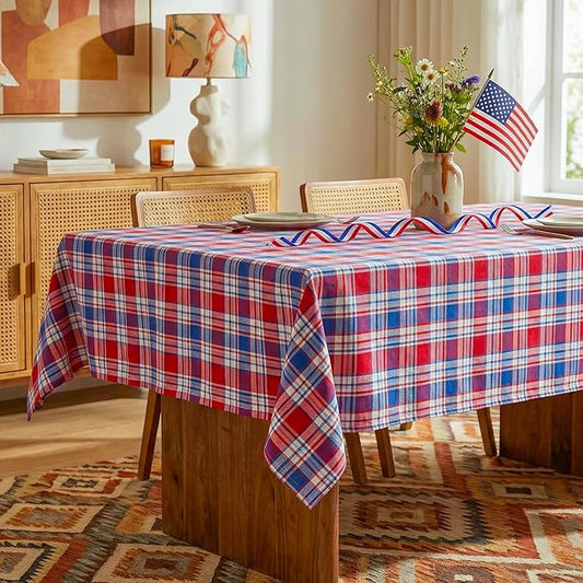 4th of July Red White and Blue Plaid Tablecloth – Waterproof Patriotic Independence Day Table Cover for BBQ, Picnic, Party, Farmhouse Kitchen & Outdoor Decor, W60 x L102 in