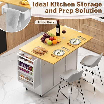YESHOMY Kitchen Island on Wheels with Trash Cabinet, 56" Mobile Cart with Drop Leaf and Drawers, Rolling Portable Table with Spice Rack & Towel Holder for Dining Room, White & Oak
