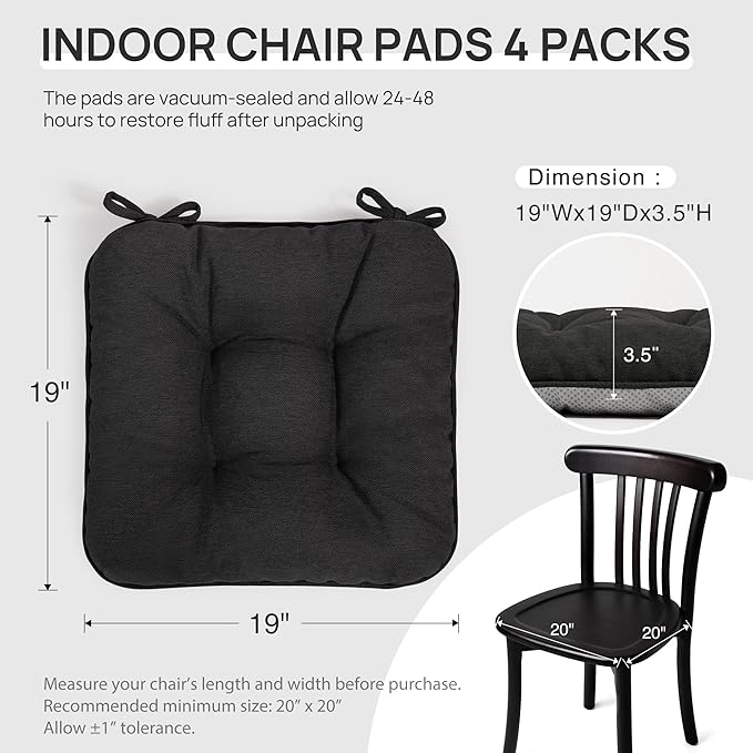 Love's cabin Memory Foam Chair Cushions Set of 4, 19"x19"x3.5" Indoor & Outdoor Seat Pads for Dining, Kitchen, Office, Patio Chairs - Black