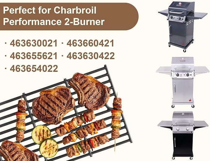 BBQ-PLUS Grill Replacement for Charbroil Performance 2-Burner 463630021 463654022 463655621 463660421, 17" Cast Iron Cooking Grates, Stainless Steel Heat Plates, Burner Tubes & Igniters Parts Kit
