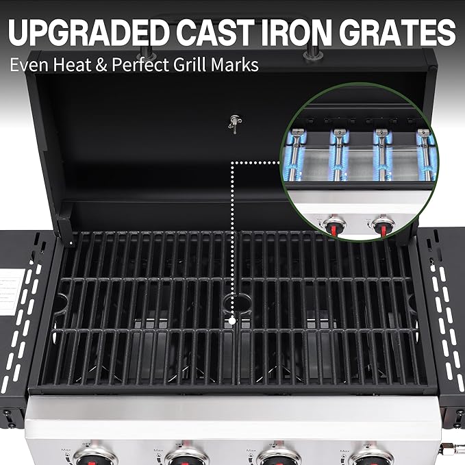 Propane Grill with Folding Side Tables, 4-Burner Gas Grill with Porcelain-Enameled Cast Iron Grates and Stainless Steel Grill Pan, 40,000 BTU BBQ Grill with Wheels for Outdoor Cooking