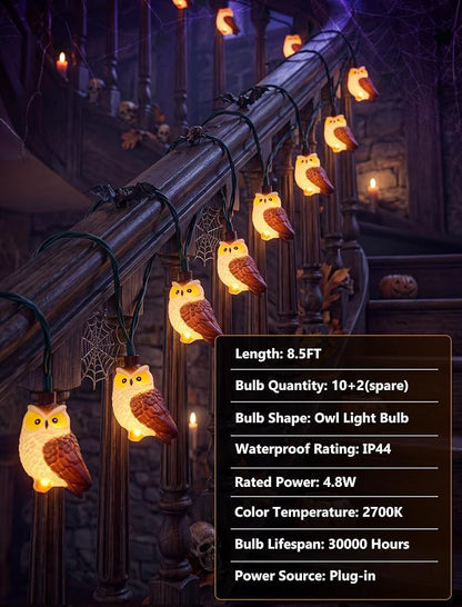 8.5Ft Halloween Owl String Lights Outdoor, 10LED Halloween Party Decoration | Plug-in, End-to-end Connectable, Waterproof & UL Listed, Hanging Animals Decor for Indoor Outdoor Patio Porch, Warm White