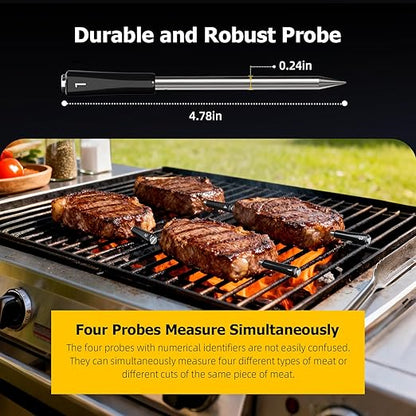 Wireless Meat Thermometer with APP Control，4 Probes Meat Thermometer Digital, Unlimited Range WiFi & Bluetooth Meat Thermometerfor for Rotisserie, Grill, Oven, Smoker, BBQ, Air Fryer