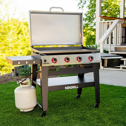 Nexgrill Daytona 4-Burner Propane Gas Griddle with Side Tables, 60000 BTU Flat Top Grill, 756 SQ In. Hot-Rolled Steel Cooking Space, Outdoor Cooking Barbeque, Black with Stainless Steel Lid - 720-1058