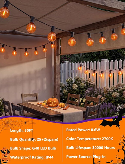 50FT Orange Halloween Outdoor String Lights 27 Shatterproof G40 Globe Bulbs | Waterproof Patio String Lights, Dimmable Hanging Halloween Lights Outdoor for Porch Deck Garden Backyard Balcony Decorations