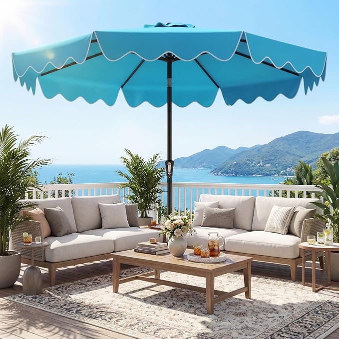 Tangkula 9 FT Patio Umbrella with Base Included, 2-Tiers Outdoor Scalloped Table Umbrella with 2 Sandbags, Tilt Adjustment, Crank, 8 Ribs for Market Backyard Pool Deck Beach Lawn