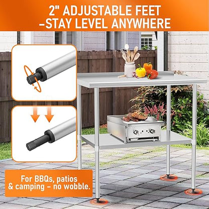 HOCCOT Stainless Steel Table 24" x 36" with Adjustable Undershelf and Backsplash, Commercial Metal Workstations for Kitchen, Garage, Outdoor BBQ