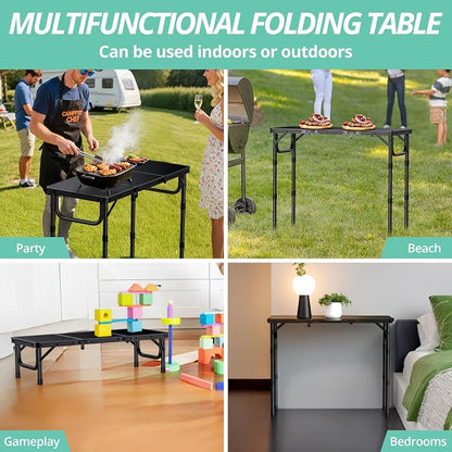 VINTEAM Tri-Folding Camping Table with 3 Adjustable Heights, Lightweight Portable Outdoor Picnic BBQ Table, Black Aluminum Folding Grill Table for Camping, RV, Beach, Fishing & Backyard
