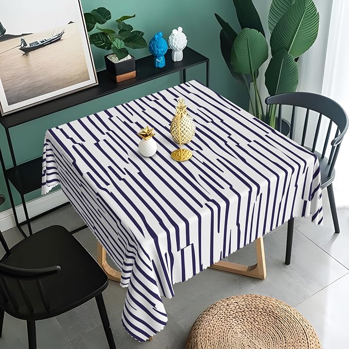 Navy Blue Stripes Tablecloth 60x60 Inch Square Abstract Irregular Striped Table Cloth Dining Square Table Cover Dust-Proof Table Cover Protector for Home Restaurant Picnic Camping BBQ
