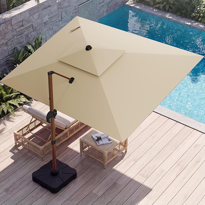 10x13 FT Wood Pattern Patio Umbrella with Base, Large Deluxe Cantilever Rectangular Double Top Heavy Duty Offset Umbrellas with 360° Rotation, Outdoor shade for Garden Pool Patio, Beige