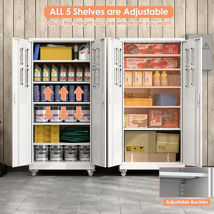 Aobabo Upgrade 71H''*34''W*18''D Metal Garage Storage Cabinet with Wheels and Pegboards, 5 Adjustable Shelves Steel Storage Cabinets for Home,Warehouse,Garage,Assembly Required,White