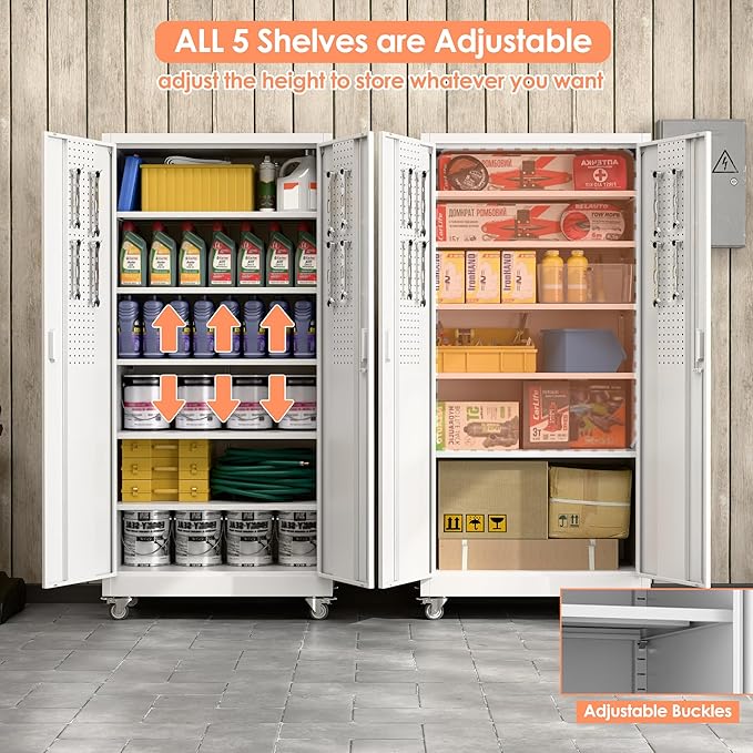 Aobabo Metal Storage Cabinet with Wheels, Steel Locking Cabinet with Pegboard Doors, Garage Cabinet for Office Pantry, 5 Adjustable Shelves, 16" D x 32" W x 71" H,Required-Assembly,White
