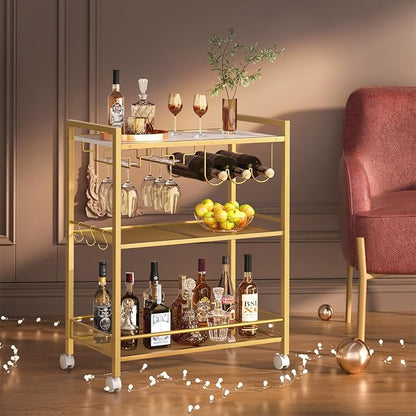 Joaxswe Bar Cart,3-Tier Home Bar Serving Cart with Lockable Wheels,Gold | Microwave Cart,Mobile Kitchen Shelf,Rolling Beverage Cart with Wine Rack and Glass Holder for Kitchen,Dinning Room