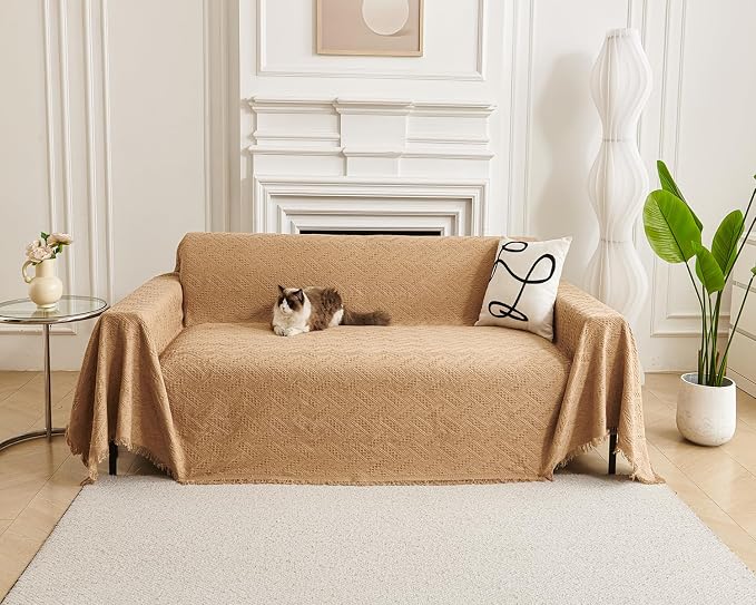AIVIA Loveseat Cover Sheet Blanket, Woven Reversible Anti Slip Cushion Covers for 2 Seater Couches with Armrest, Love-Seat Furniture Decor Slipcovers Protector for Dogs Cats Pets (Khaki, 71” x 102”)