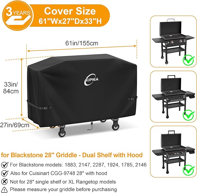 Kipiea Griddle Cover for Blackstone 28" Griddle with Hood, Heavy Duty Tear & Fade Resistant and Waterproof Flat Top Grill Cover for Blackstone 5483 with Buckles and Drawstrings