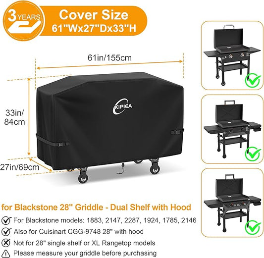 Kipiea Griddle Cover for Blackstone 28" Griddle with Hood, Heavy Duty Tear & Fade Resistant and Waterproof Flat Top Grill Cover for Blackstone 5483 with Buckles and Drawstrings