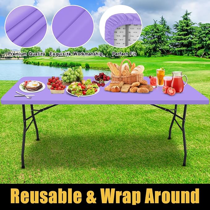 Smiry Rectangle Picnic Table Cloth, Waterproof Elastic Fitted Tablecloths for 8 Foot Tables, Washable Polyester Table Cover for Camping, Indoor and Outdoor (Lavender, 30"x96")
