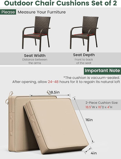 Outdoor Chair Cushion 18.5 x 16 x 4 Inches Patio Furniture Outdoor Waterproof Seat Cushion, Patio Chair Cushion with Handles and Ties, Square Dining Chair Cushion Set of 2, Sand