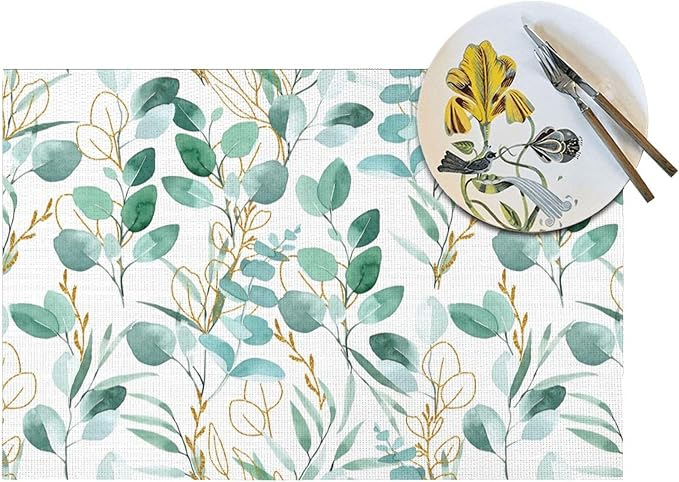 Sage Green Leaves Placemats Set of 4 Cute Botanical Dining Table Mat | 12"x18" Washable Place Mats for Kitchen Dinner Spring Summer Parties Wedding Decorative