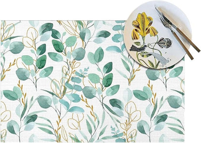 Sage Green Leaves Placemats Set of 4 Cute Botanical Dining Table Mat | 12"x18" Washable Place Mats for Kitchen Dinner Spring Summer Parties Wedding Decorative