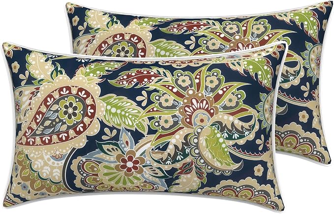 LVTXIII 2 Pack Outdoor Lumbar Pillow Covers 12x20 Inch with Piping, Water-Repellent Back Cushion Covers ONLY for Patio Furniture, Sofa, Garden Bench, Paisley Bloom