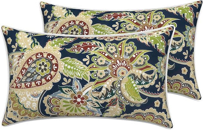 LVTXIII 2 Pack Outdoor Lumbar Pillow Covers 12x20 Inch with Piping, Water-Repellent Back Cushion Covers ONLY for Patio Furniture, Sofa, Garden Bench, Paisley Bloom