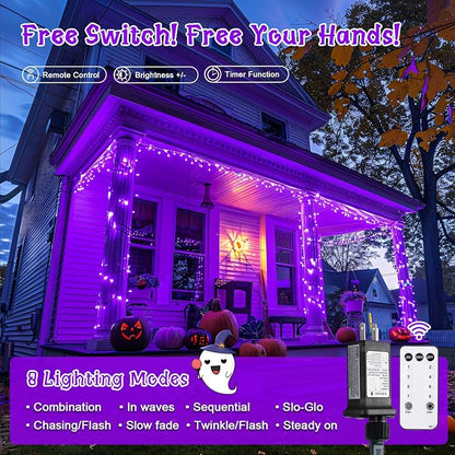 JMEXSUSS 400 LED Purple Halloween Lights Outdoor Plug in | 132ft Halloween String Lights with Remote, Green Wire Purple Christmas Lights for Christmas Halloween Decorations