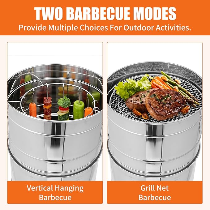 Large Portable Charcoal Grill, Stainless Steel BBQ Grill Barrel, Portable Barbecue Grill Smokeless Charcoal Grill with 50 Skewers for Camping, Picnics, Beaches, Traveling, Party