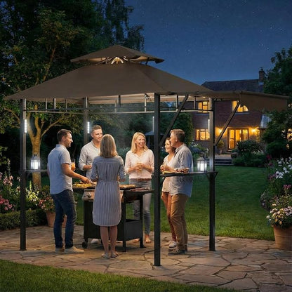 8x5 ft Grill Gazebo, Double Tired Outdoor Patio Canopy Tent with Side Awning Shelves,4 LED Lights,10 Hooks & Bottle Opener,Heavy Duty Steel Frame Grilling Canopy for Patio Backyard Garden Picnic,Brown