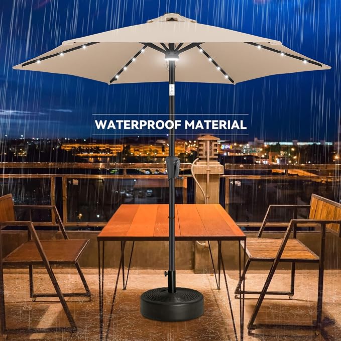 Solar Patio Umbrella with Centre Light, 7.5 ft Beige | 24 LED Lights, UV Protection, Small Solar Outdoor Umbrella for Porch, Deck, Pool, Table, Garden, Provides Evening Lighting