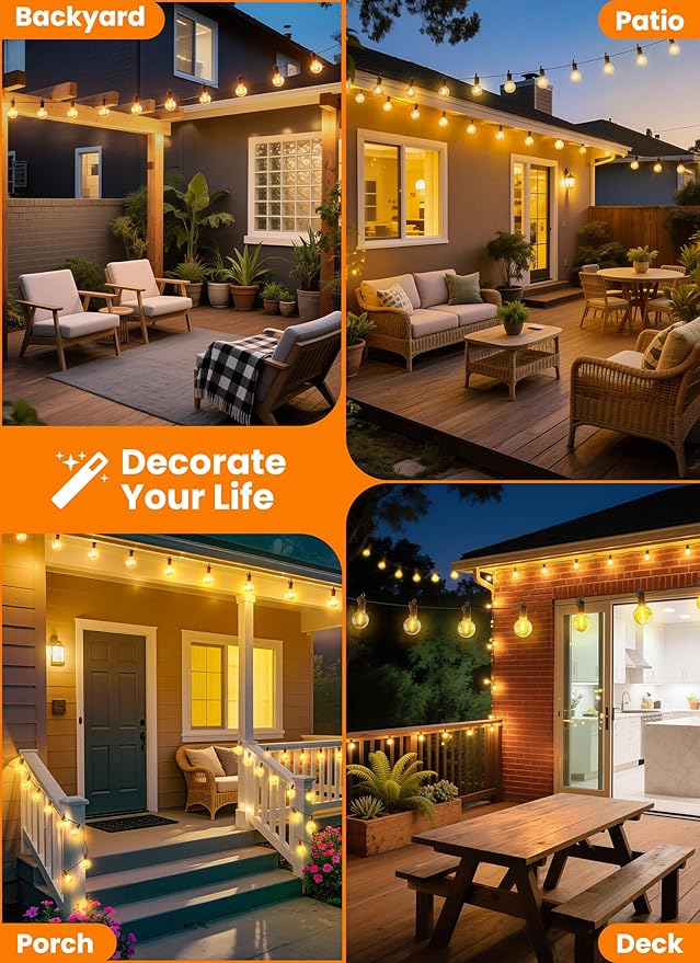 Outdoor String Lights, 50FT 25 LED Bulbs String Lights, IP65 Waterproof Connectable G40 Outside Patio Light for Backyard Porch Balcony Garden Decor Christmas Camping Gazebo