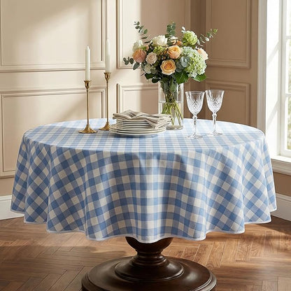 Waterproof Gingham Tablecloth, Checkered Fabric Table Cover for Kitchen Dining, Blue & White Plaid Table Cloth, Rectangle Table Cloth for Indoor Outdoor Use, 60" Round