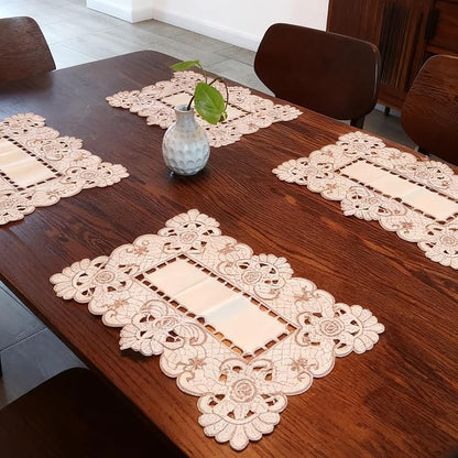 LeLehome Set of 4 Flower Embroidered Placemats, Oblong Brown Flower Rose Lunchmats Place Mats, Home Kitchen Dining Restaurant Party Indoor Decor Table Mats, 18 Inch X 12 Inch