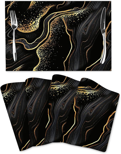 Black Gold Marble Texture Placemats Set of 4, Black Table Mats | Heat Resistant Washable Linen Place Mats for Kitchen Dining Table Farmhouse 12"x18", Black Gold Kitchen Decor