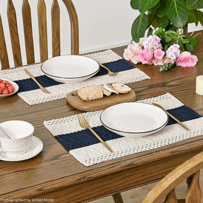 Artoid Mode Dark Blue Farmhouse Rustic Placemats Set of 6,12x18 Inch Seasonal Holiday Hollow Table Mats Party Kitchen Dining Decoration