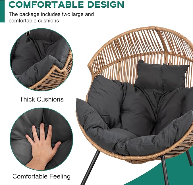 Shintenchi Wicker Egg Chair Rattan Patio Chair with Cushion, Oversized Patio Lounge Chairs Egg Basket Chair, Egg Seat for Indoor Living Room Bedroom Outside, Deep Grey