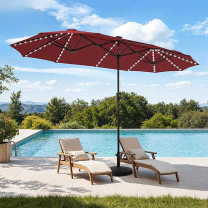 HERA'S PALACE 13 ft Patio Umbrella with 120 LED Solar Lights Double Sided Outdoor Umbrella for Patio 8 Colors Changing Table Umbrella for Garden Pool, Orange Red